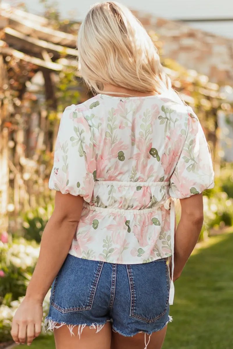 Pink Floral Puff Sleeve V Neck Tied Front Peplum Blouse - Love Salve